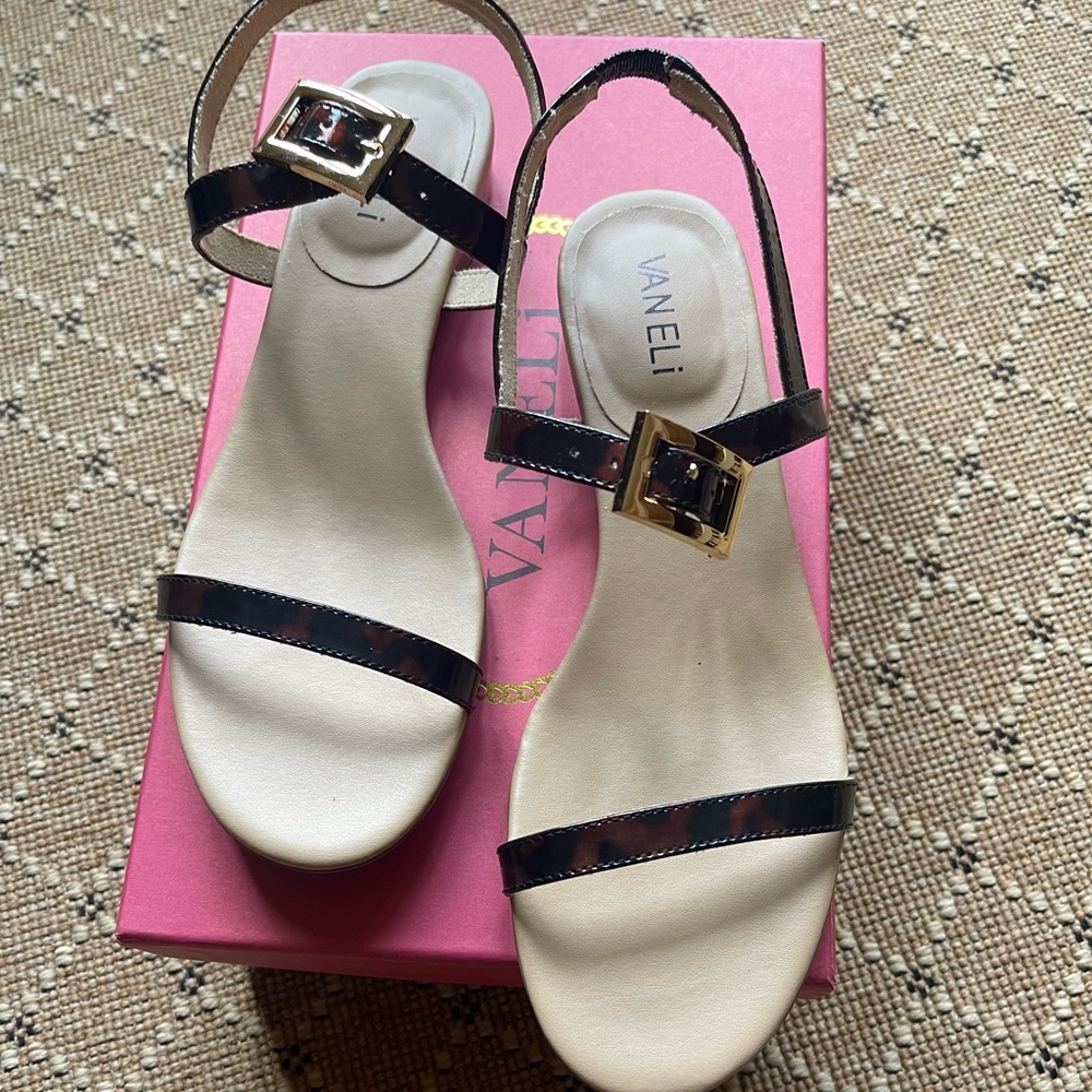 Brown/black tortoise patent leather sandals. New in box.